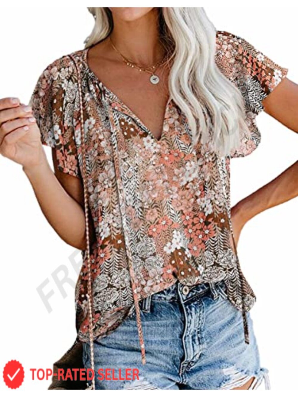 Women's Boho Floral V Neck Short Sleeve Chiffon Blouse Summer Tunic Top